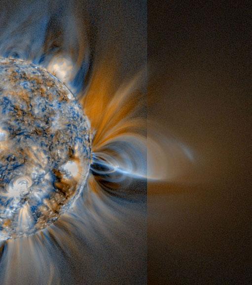 This image shows a coronal mass ejection (CME) forming in the corona, highlighting how ECCCO's new, wide-field extreme-ultraviolet view of the corona.